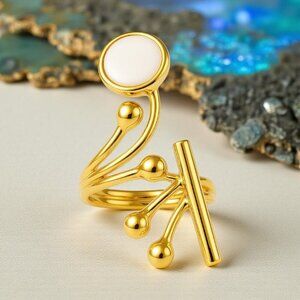 Artisan Turkish 18K Gold Plated Adjustable Cocktail Ring With Glass Pearl